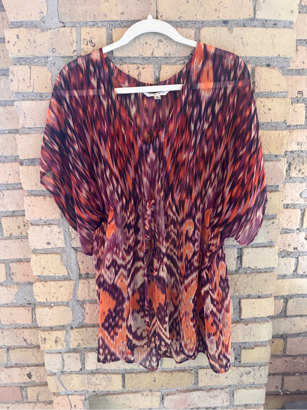 CAbi Vibrant Purple and Orange Printed V-Neck Tunic